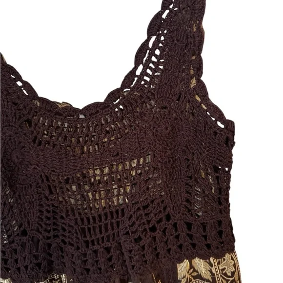 Zara Y3K Chocolate Sleeveless Babydoll Maxi Dress Crochet Front Floral Size S - Picture 3 of 7